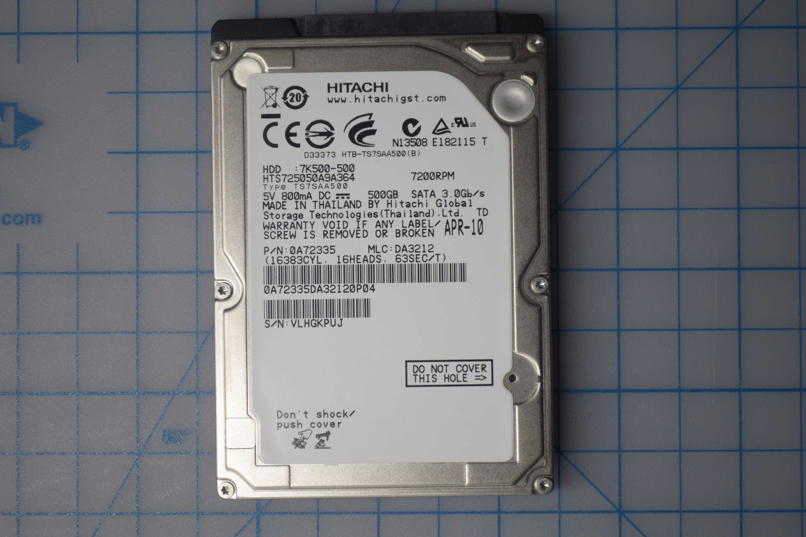 HITACHI 500GB 2.5IN 7200RPM SATA 9.5MM 2.5" 16MB HHD GRADE A HTS725050A9A364