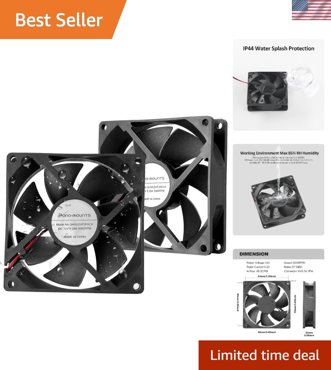 92mm 90mm 12V DC High Airflow Moisture-Proof Fan 2Pin XH2.54 3000RPM 2-Pack