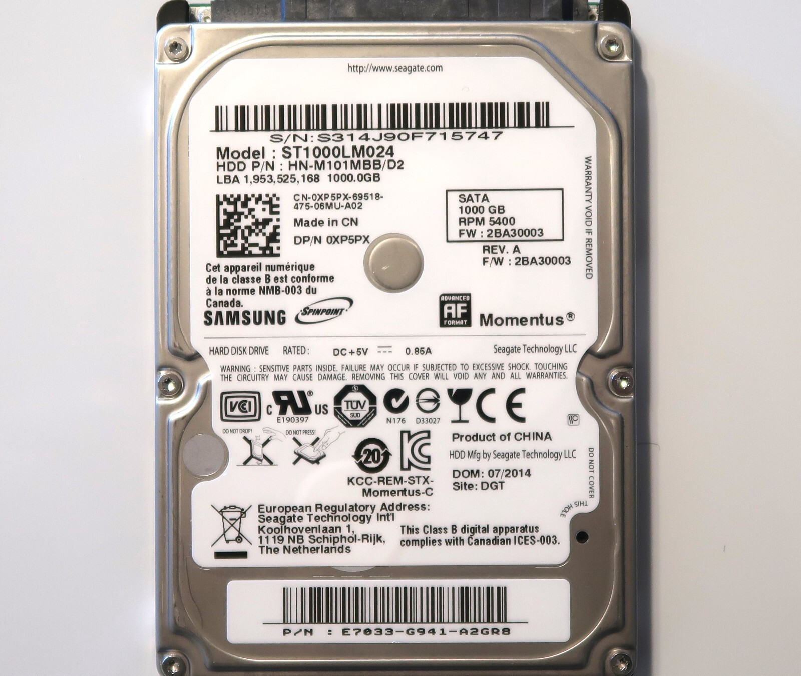 Samsung ST1000LM024 HN-M101MBB/D2 2BA30003 (S314) E7033-G941 2.5" 1TB 07/2014