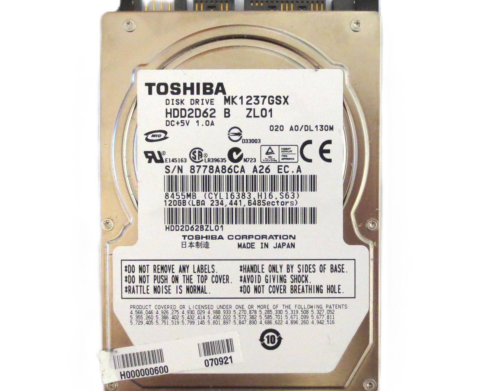Toshiba MK1237GSX HDD2D62 B ZL01 020 A0/DL130M (8778A) Japan 120gb 2.5" Sata HDD