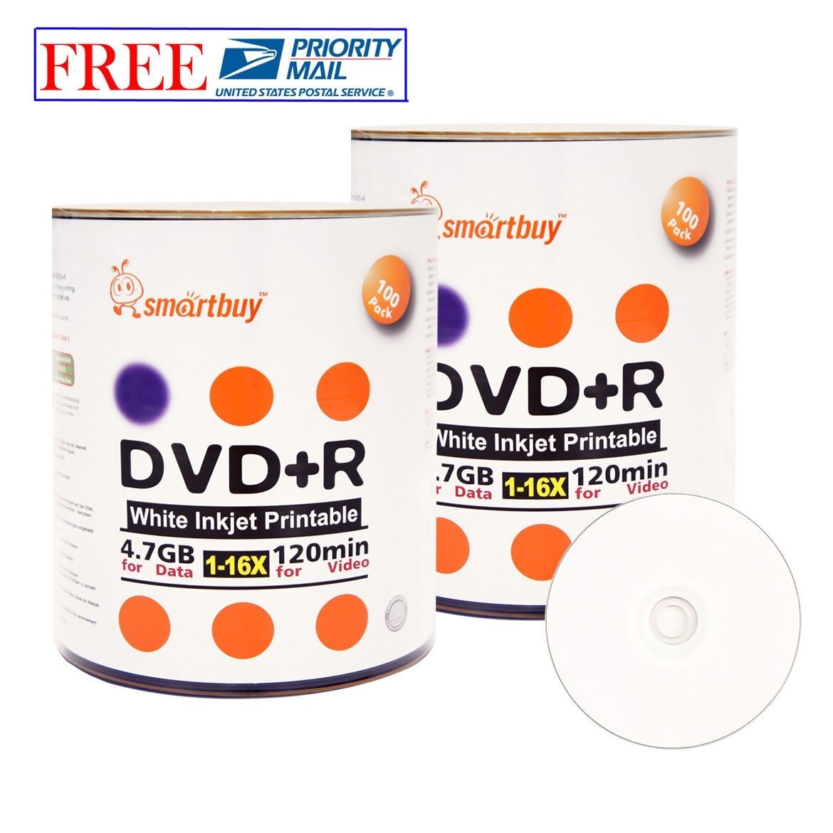 200 Pcs Smartbuy 16X DVD+R 4.7GB White Inkjet Hub Printable Recordable Disc
