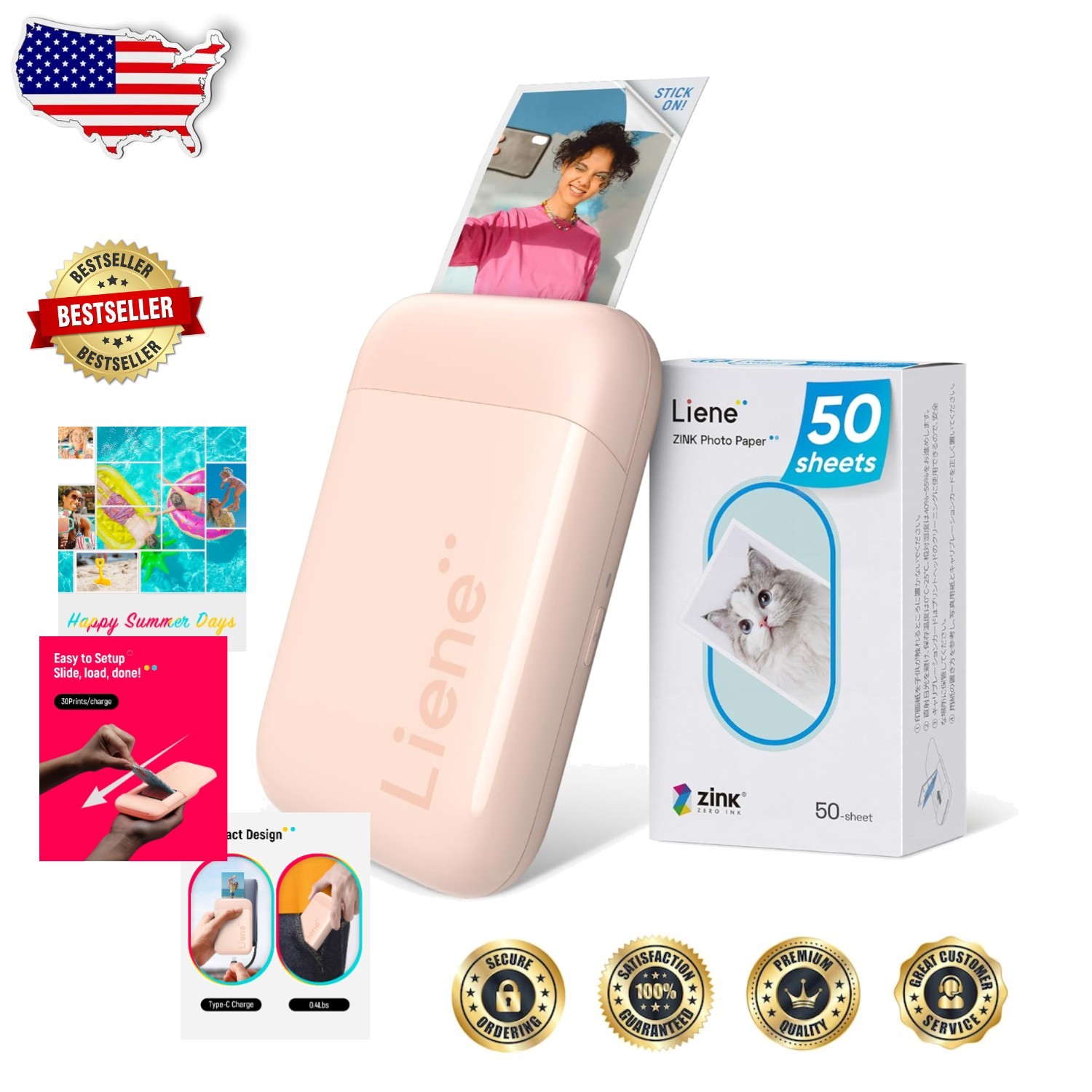 Pink Mini Photo Printer Zink 2x3" Portable Bluetooth 5.2 iOS Android