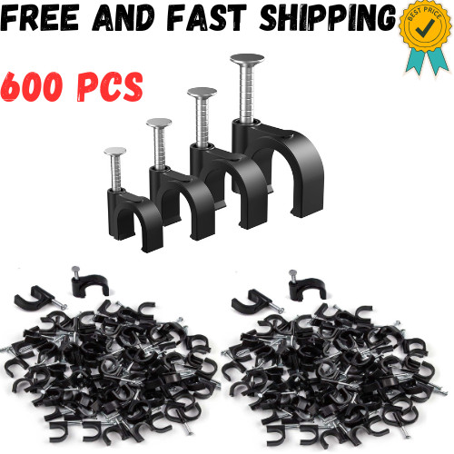 600Pcs Cable Clips 4/6/8/10mm Nail in Wire Black