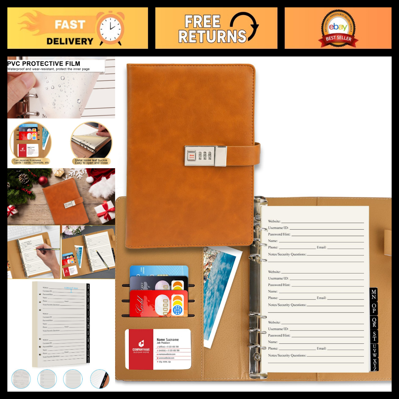 Password Book with Alphabetical Tabs & Lock, 302 Pages, Refillable Logbook, Larg