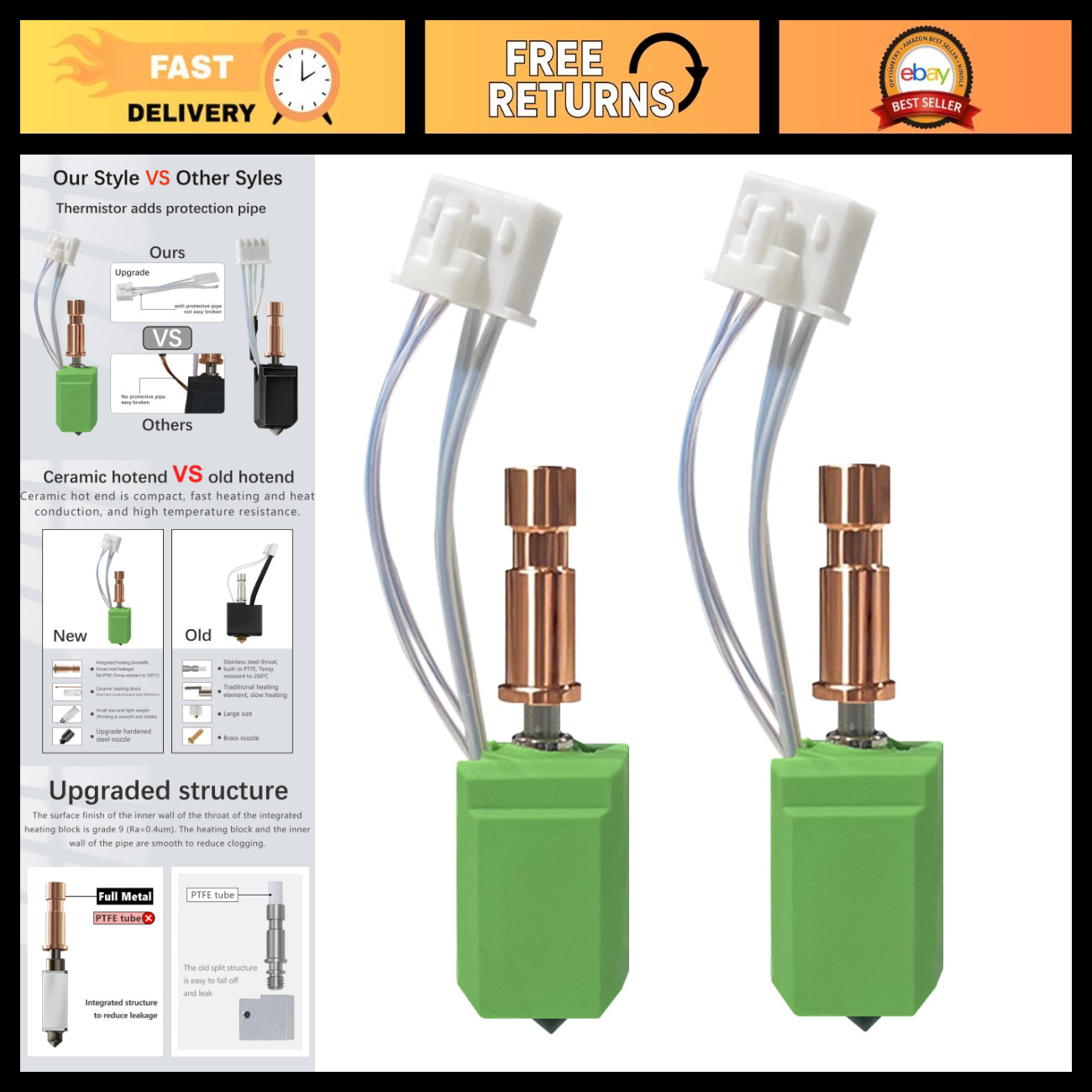 Upgraded 0.4MM Hotend Kit with Ceramic Heating Rod & Thermistor for 3D Printers