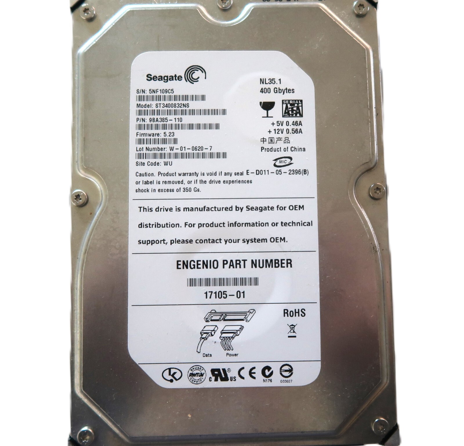 Seagate ST3400832NS 9BA385-110 5.23 WU China (5NF) 400gb 3.5" Sata Hard Drive