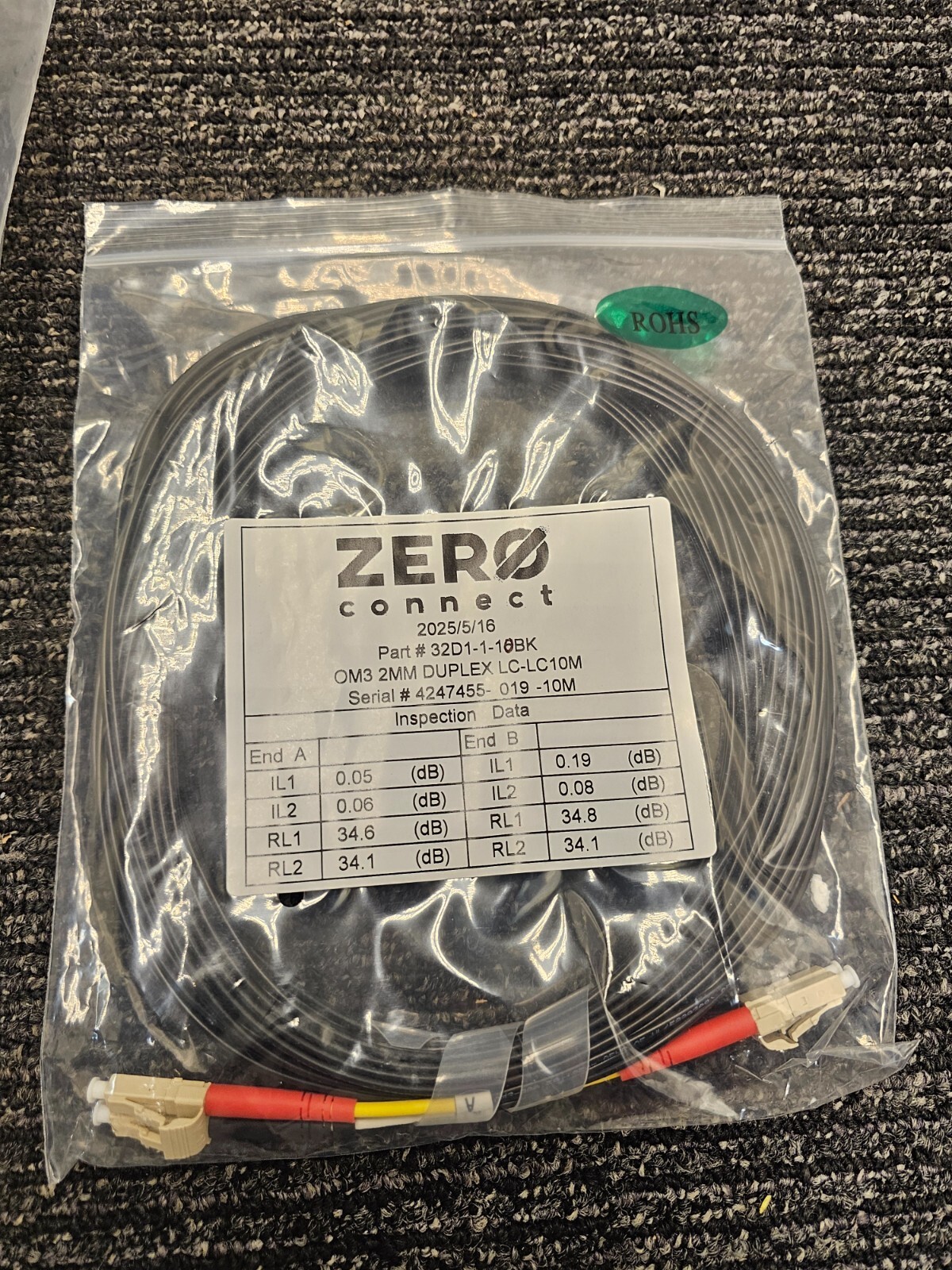 (QTY 3) Zero Connect 10m LC/UPC-LC/UPC OM3 Duplex Fiber Optic Patch Cable