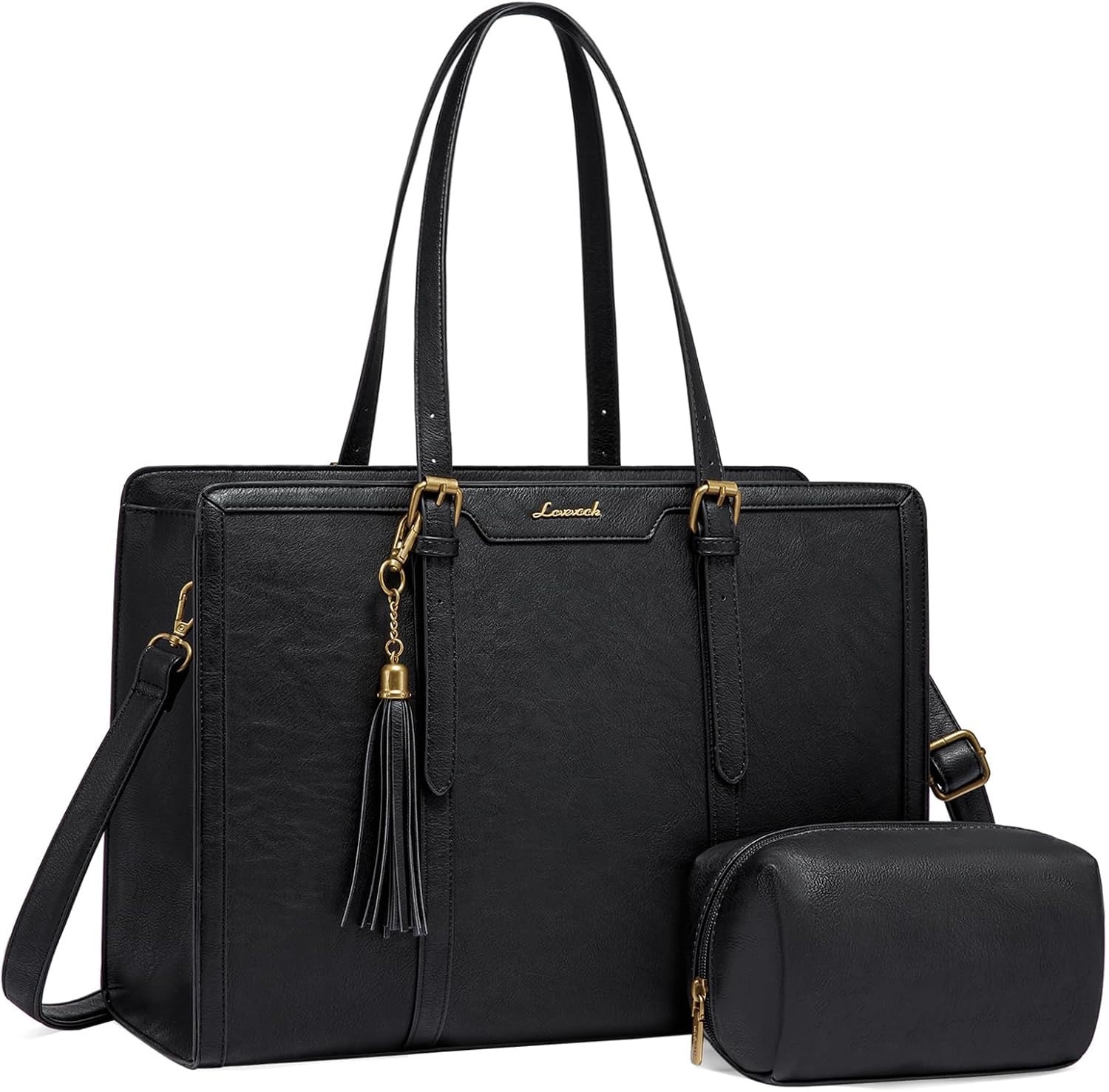 LOVEVOOK Women's Laptop Tote Bag Faux Leather Work Computer Briefcase Bag Black