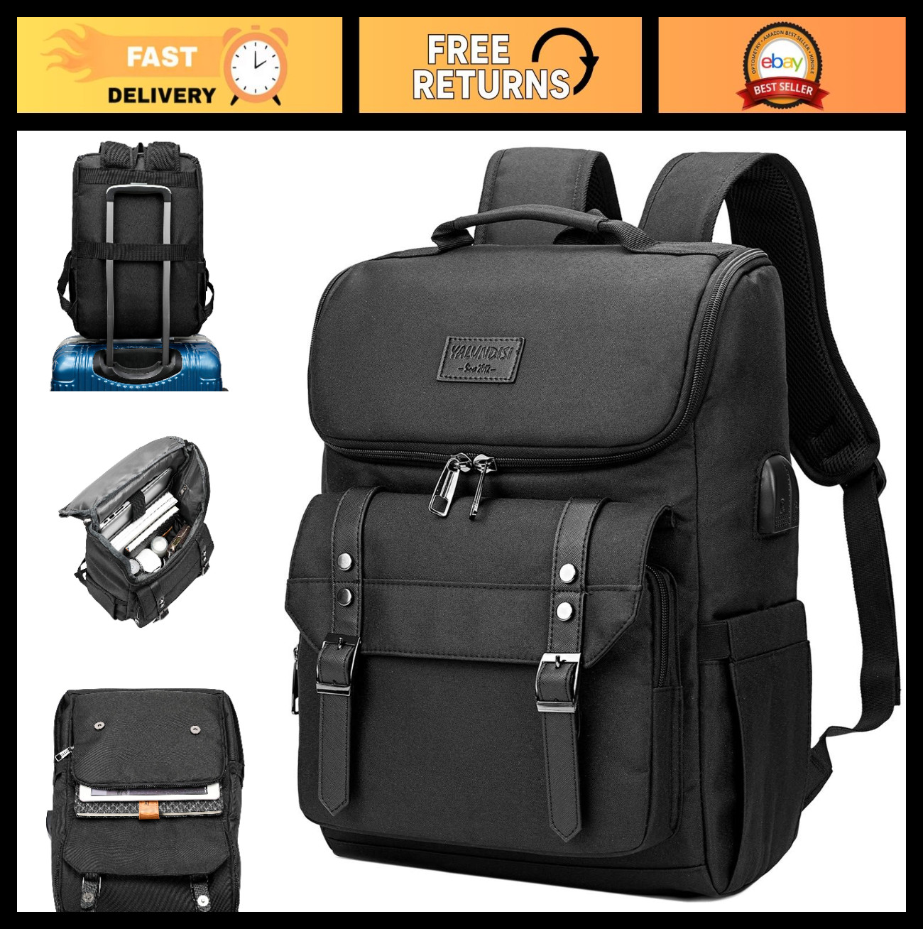 Vintage Travel Laptop Backpack with USB Charging Port - Fits 15.6" Laptops, Unis