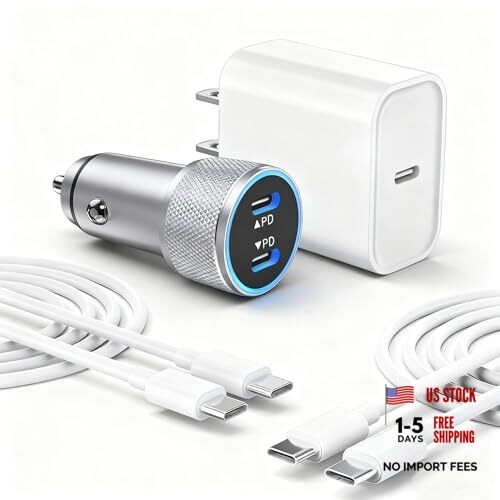iPhone 17 16 15 Car Charger, 20W Dual Port USBC Fast 3.3FT(2Pack C-C) Silver