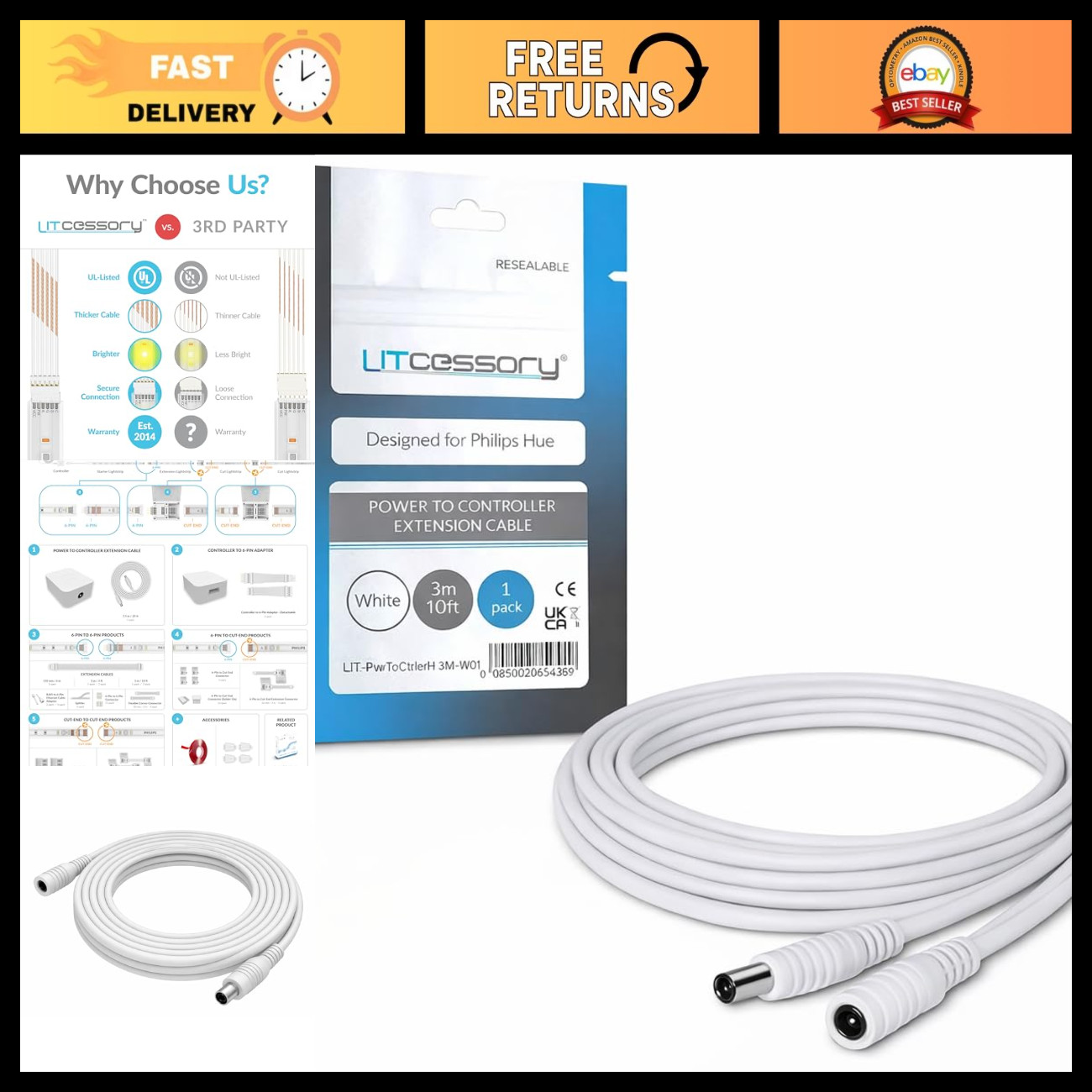 Power Extension Cable for Smart Lightstrip, LED Controller Connector, 10ft