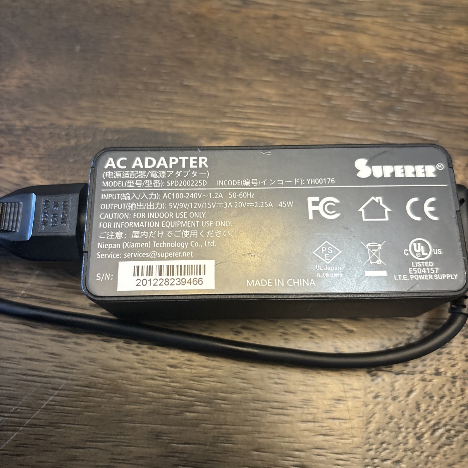 Superer SPD200225D Power Supply AC/DC Adapter 20V 2.25A 45W w/PC