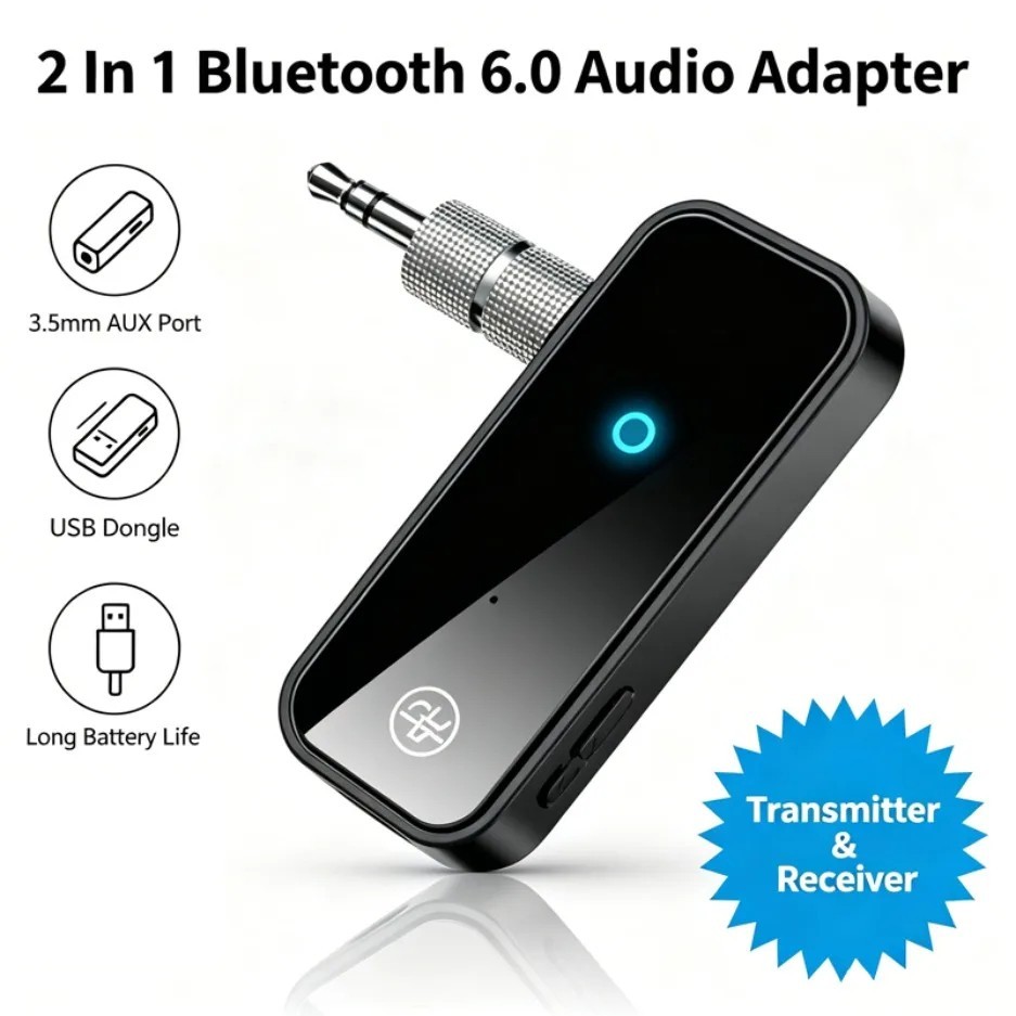 USB Wireless Bluetooth 6.0 Transmitter Receiver 2-in-1 AUX Audio Adapter for Car