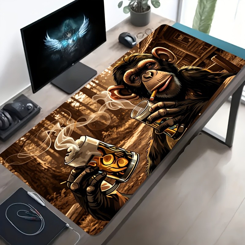 1pc Large Size Esports Gaming Mouse Pad, Brown Wooden House Gorilla Drinking F