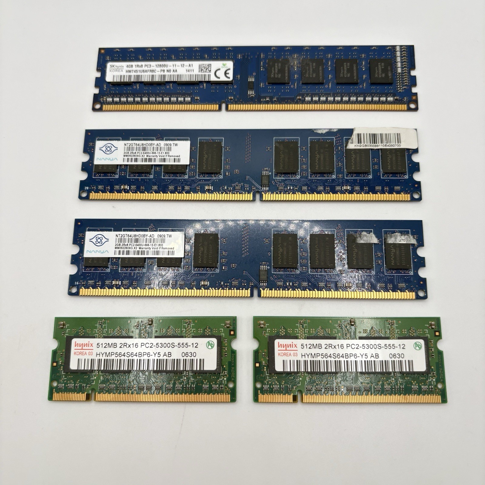 Lot of 5 DDR2 (2) 512 GB (2) 2GB (1) 4GB Hynix Nanya SK Hynix 9GB TOTAL