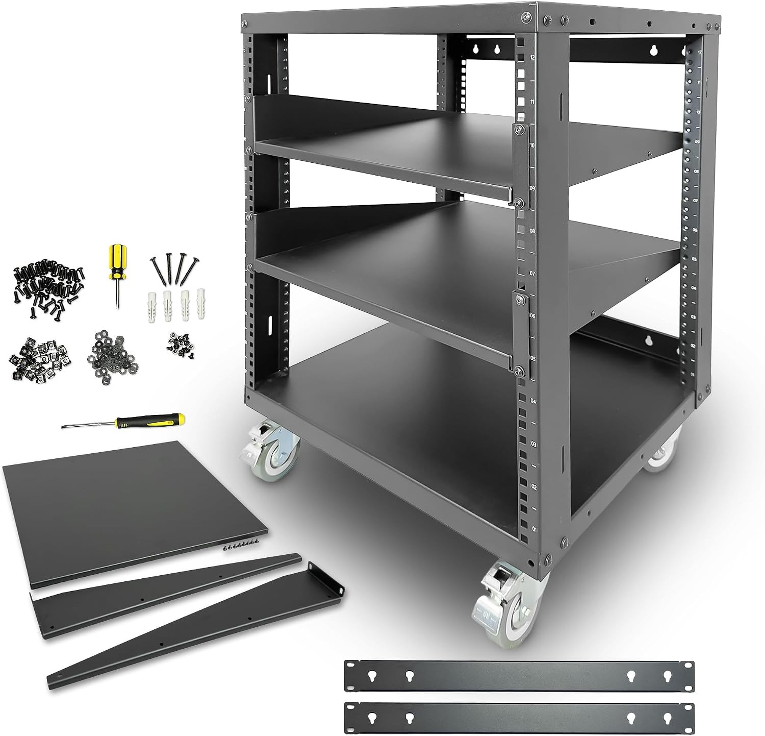 AxcessAbles 12U Open Frame Network & AV Rack with Caster Wheels Two 2U Shelves
