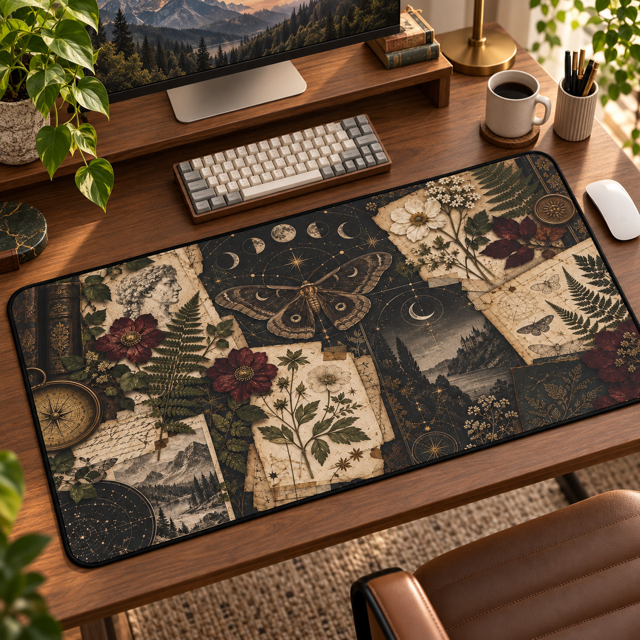 Celestial Moth Desk Mat, Dark Botanical Mouse Pad, Vintage Gothic Decor
