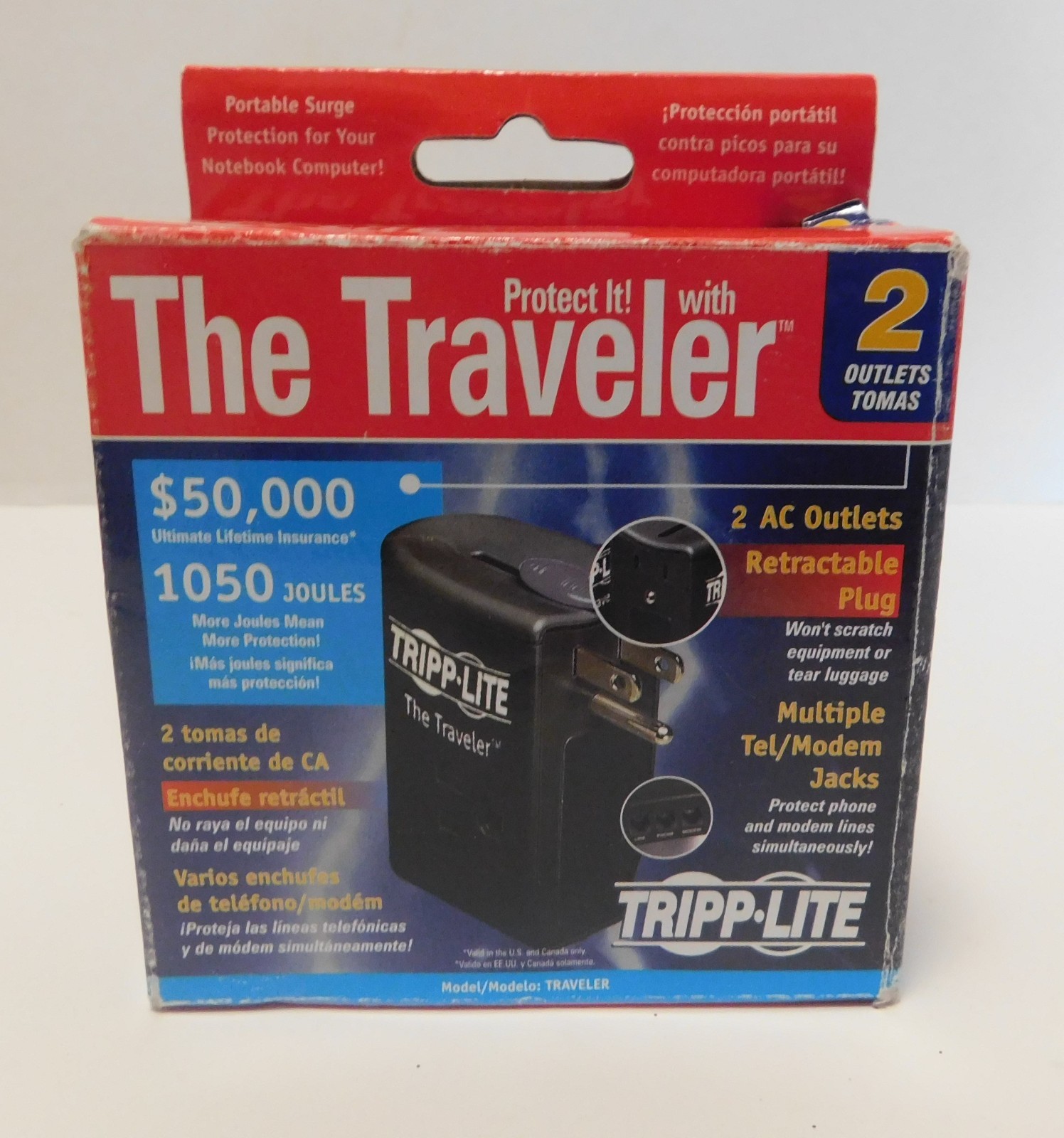 The Traveler Tripp Lite Portable Surge Protection 2 AC Outlets 1050 Joules New