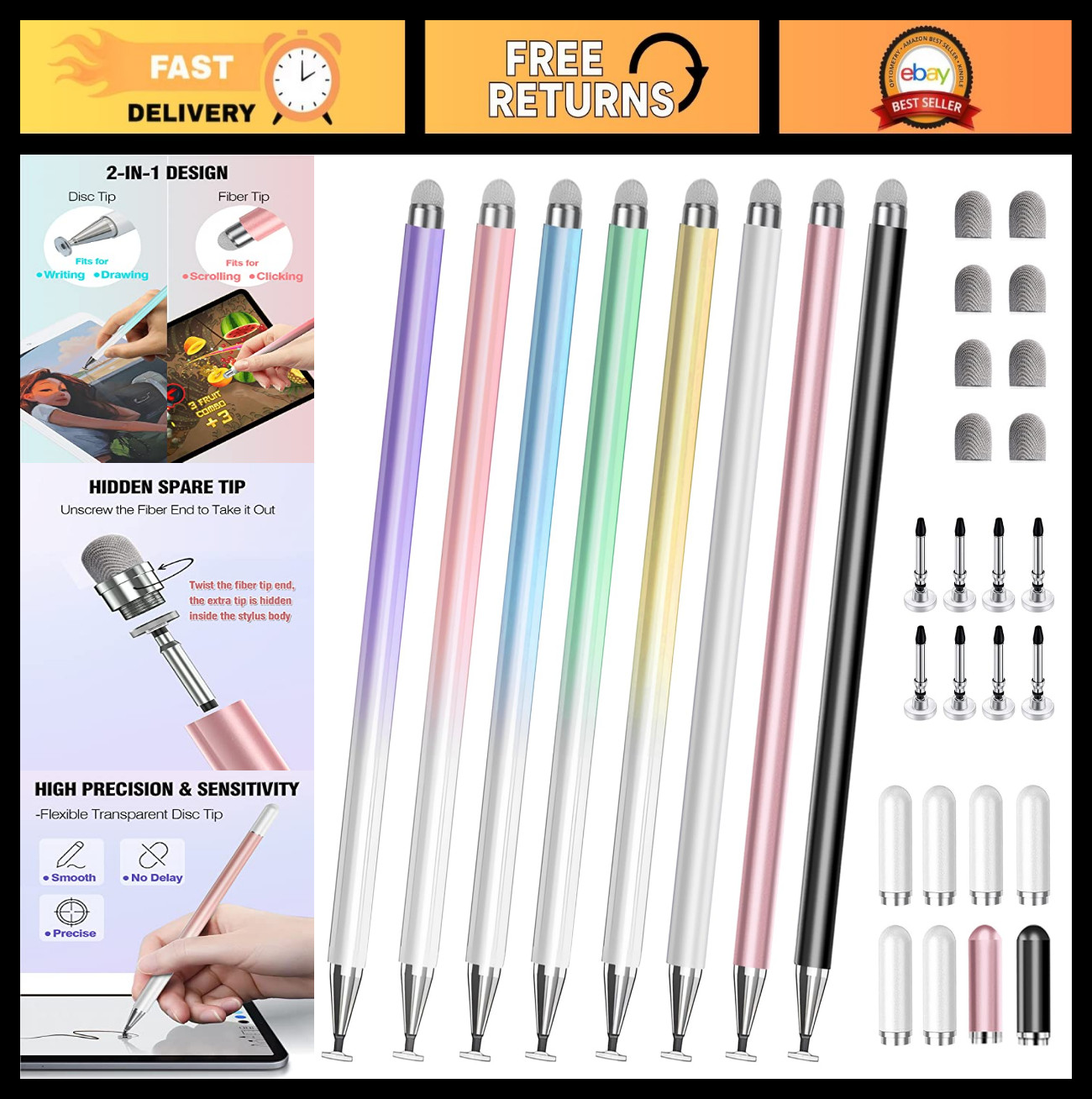 2-in-1 Stylus Pens for Touchscreens, Fine Tip & Disc, Compatible with iPhone, iP