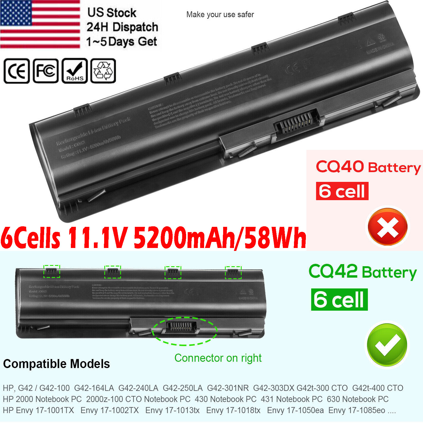 6 Cells Laptop Battery for HP MU06 MU09 SPARE 593554-001 593553-001 CQ42 CQ56