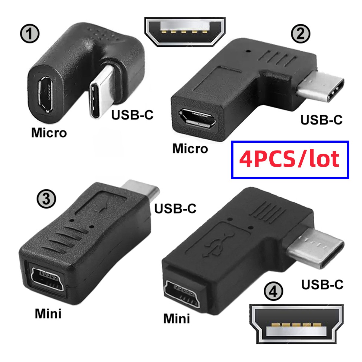 4 Pack USB C to Mini/Micro USB 5Pin 90/180 Degree Angled Charging Data Adapter