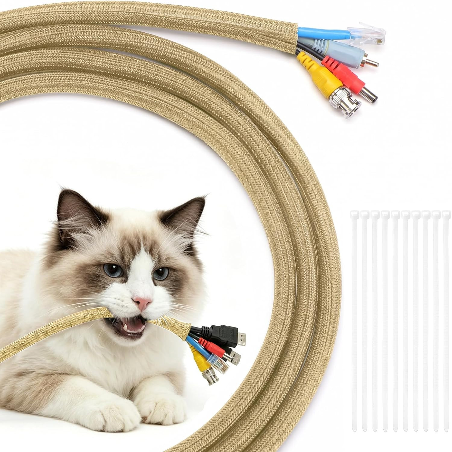 30Ft - 1/2 Inch Cord Protectors from Pets No Chew, Gold | Split Cable Management