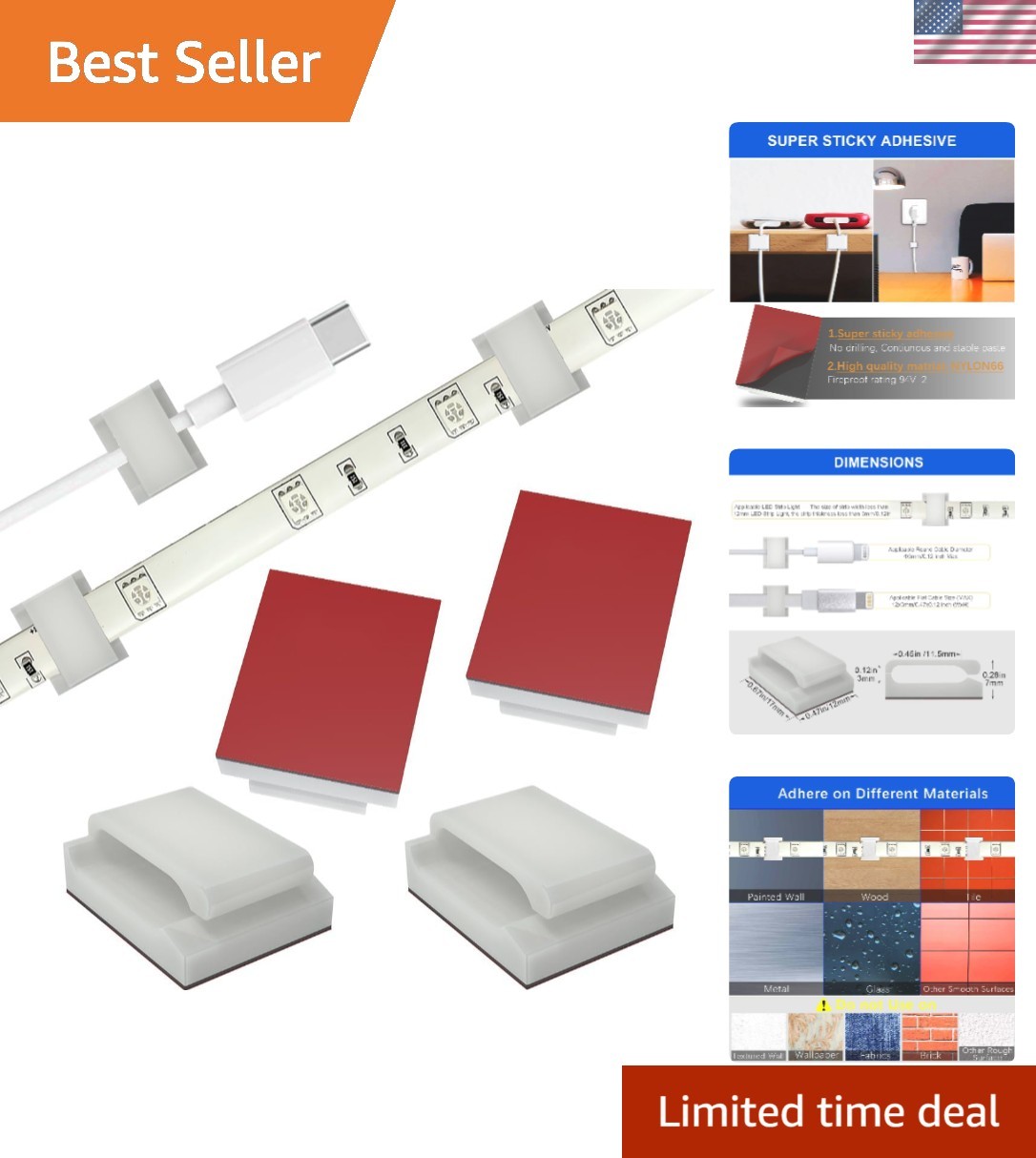 Self-Adhesive Cable Clips for LED Strip Lights 100pcs White