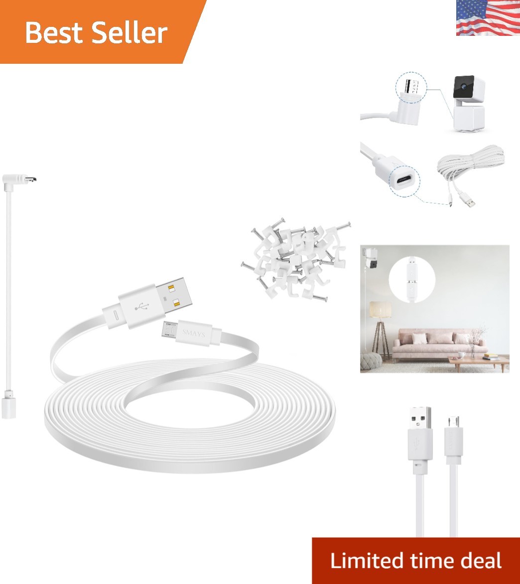 Versatile 25 ft Micro USB Cable with L-Shaped Adapter for Secure Camera Power