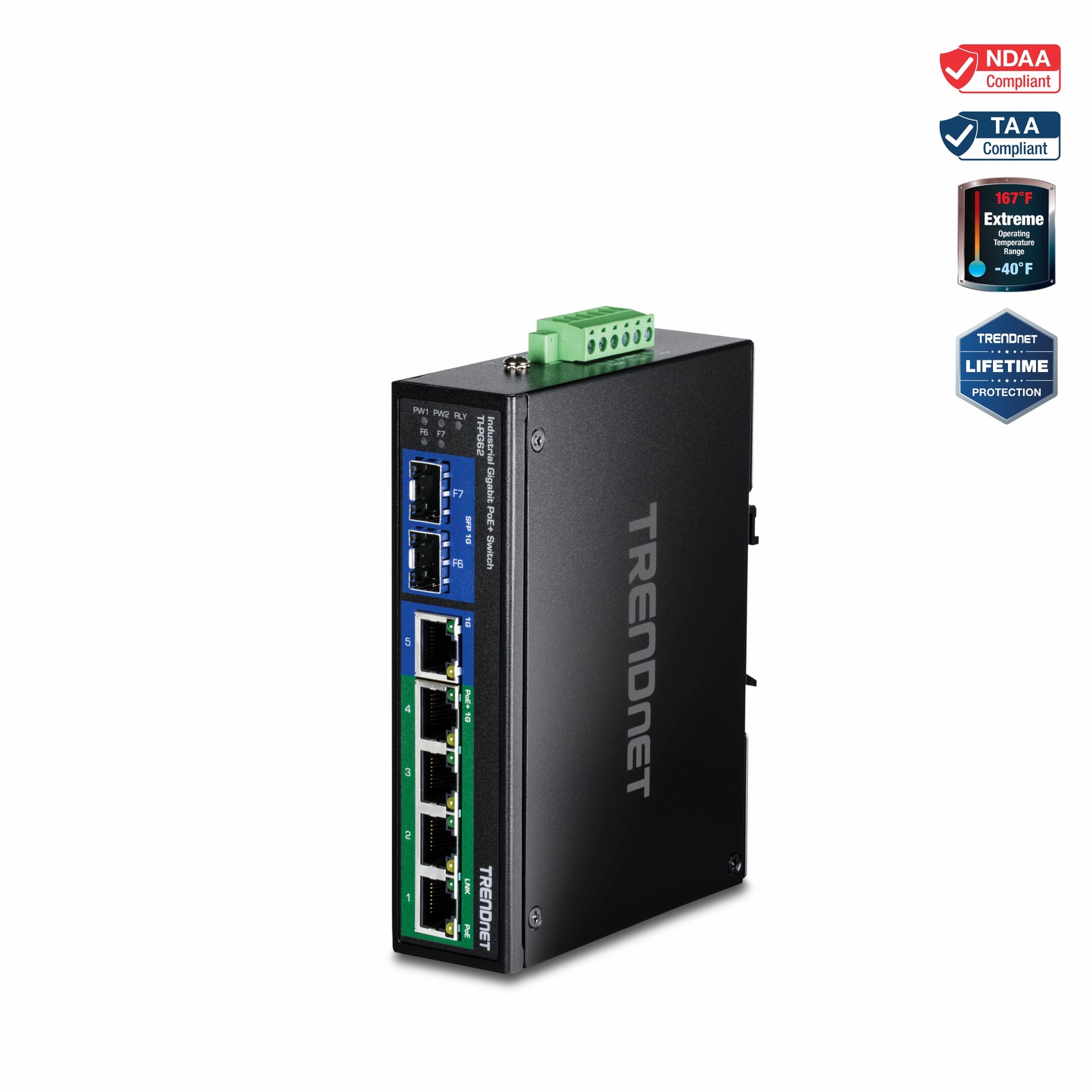 TRENDnet  TI-PG62, 6-Port Hardened Industrial Gigabit PoE+ DIN-Rail Network