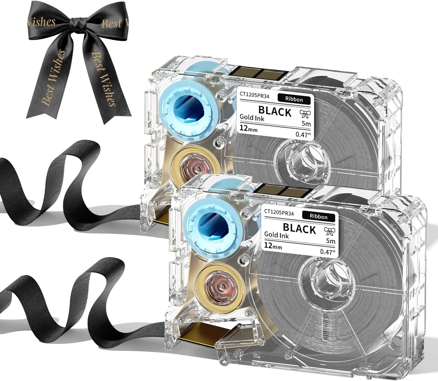 A30 P15 Exclusive Embellish Gold Print on Black Satin Ribbon, Fabric Ribbons for