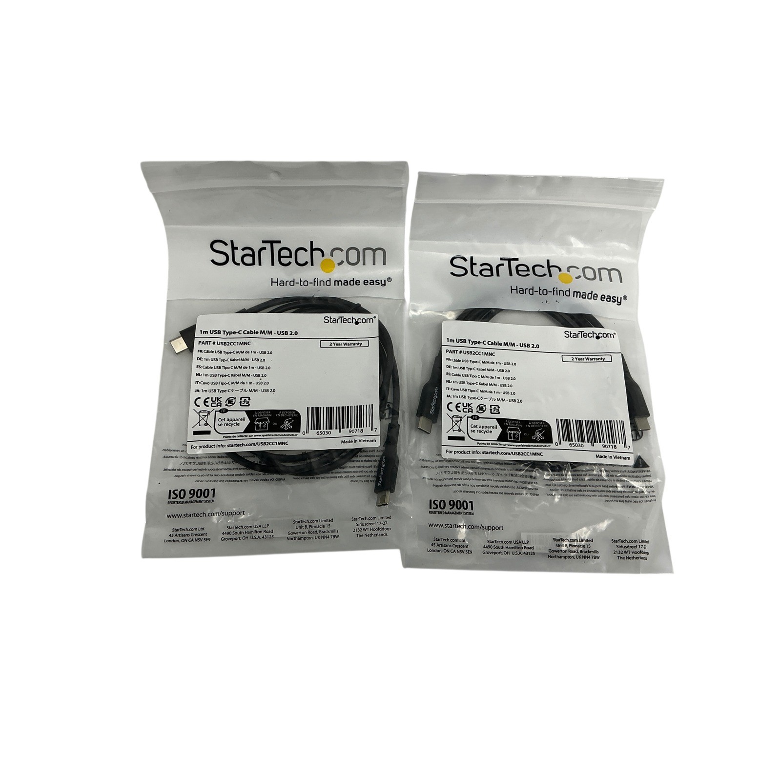 Lot 2x StarTech 1m USB Type-C Cable M/M USB 2.0 Black USB2CC1MNC