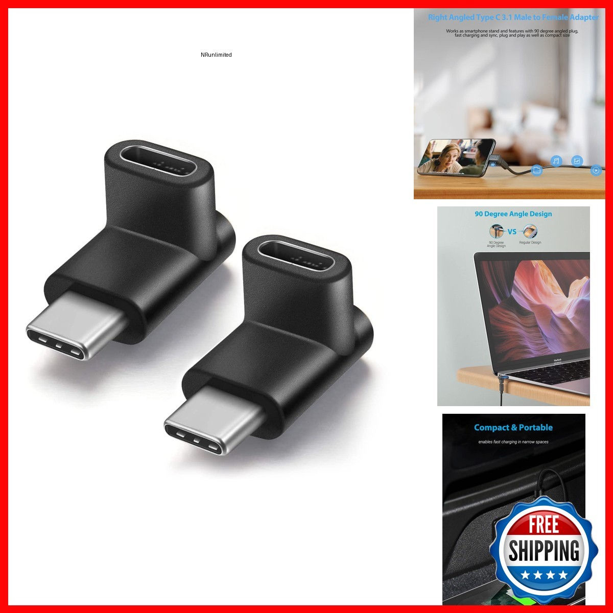 URWOOW Right Angle Type C USB 3.1 Adapter, 90 Degree, 2 Pack 654070787295