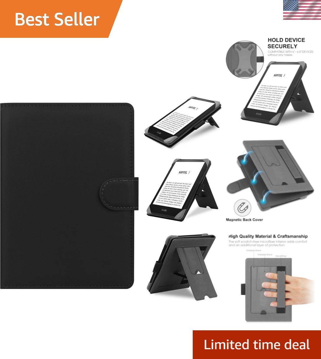 Universal Leather Stand Case for 6-6.8” E-readers - Elegant Black Protection