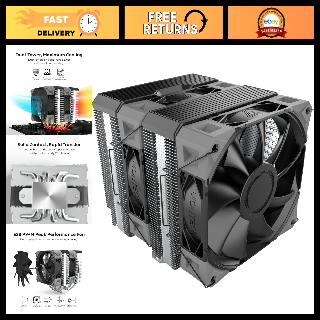 Dual-Tower CPU Air Cooler, 6 Heat Pipes, 2 PWM Fans, High Performance, Black