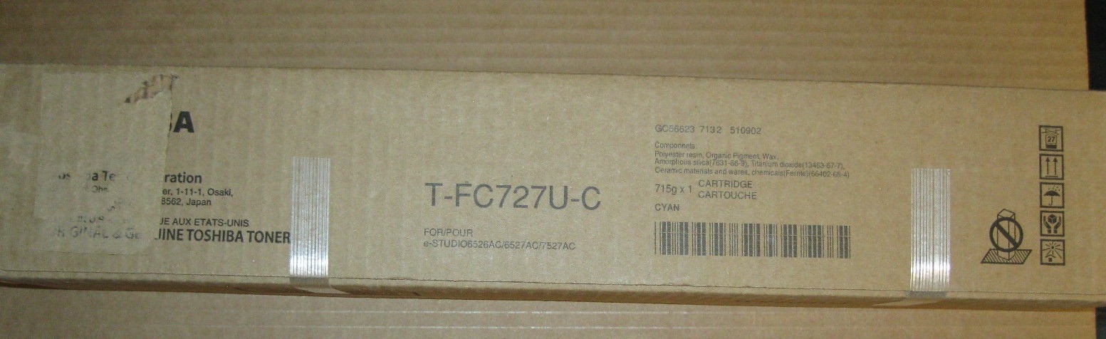 New Genuine Toshiba TFC727UC, T-FC727U-C, Cyan Toner Sealed High Yield