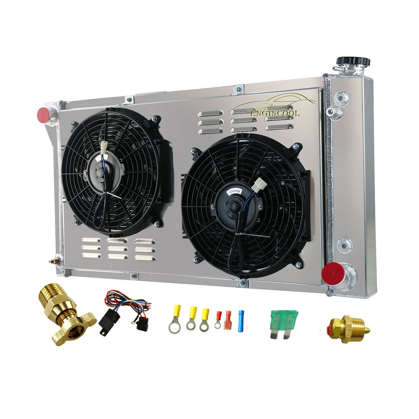 EnginCool 4 Row Core Radiator + Shroud Fan + Thermostat Relay Kit for 1967-19...