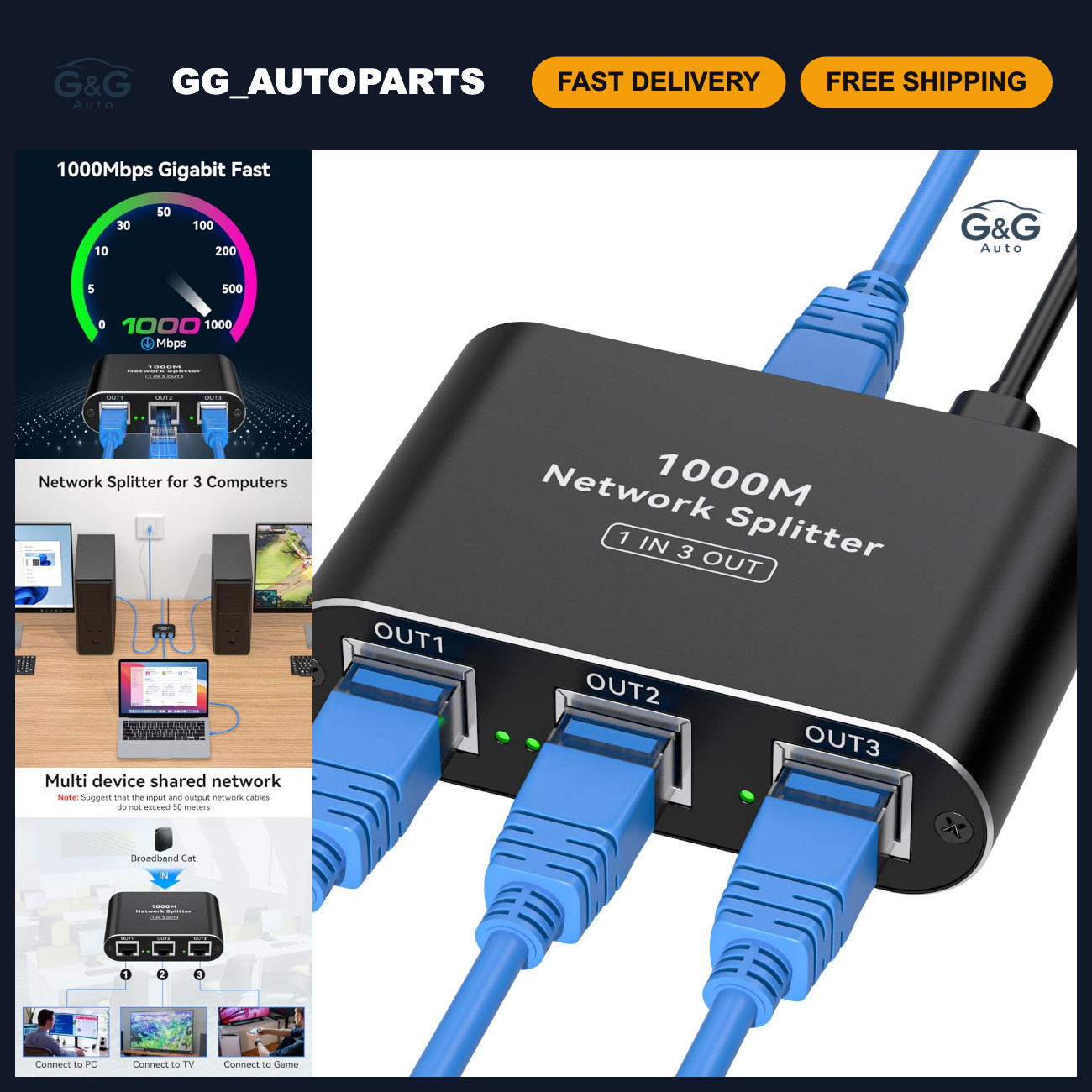 High-Speed Ethernet Splitter 1 to 3, 1000Mbps Gigabit RJ45 LAN Switch, USB C Pow