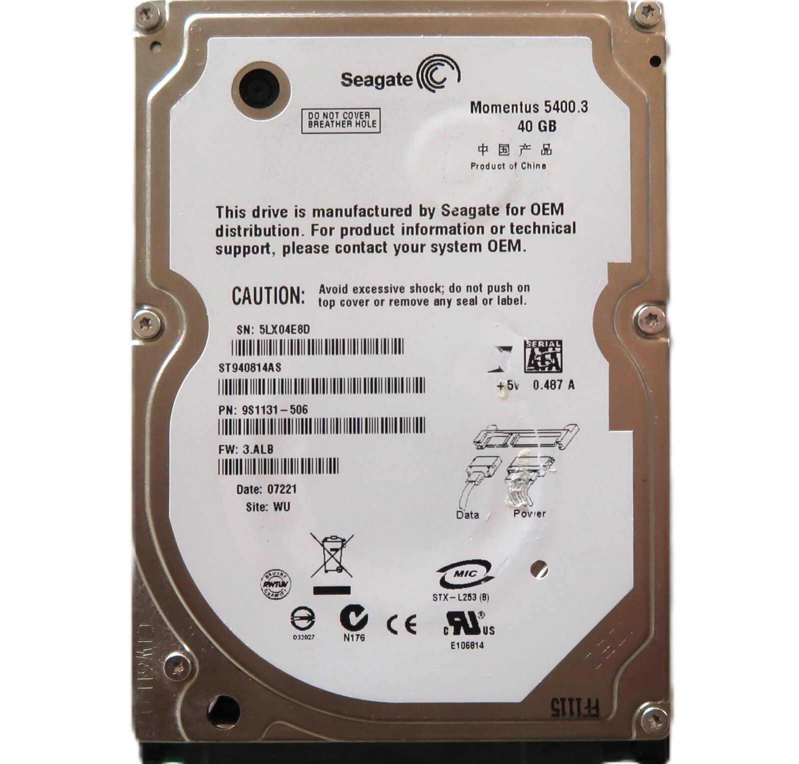Seagate ST940814AS 9S1131-506 3.ALB (5LX0) WU China 40GB Sata 2.5" HDD NOV2006