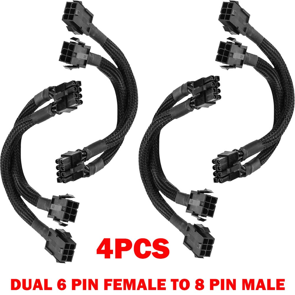 4Pack Dual 6 Pin Female to 8 Pin Male GPU Adapter Cable Braided Sleeved 20cm NEW