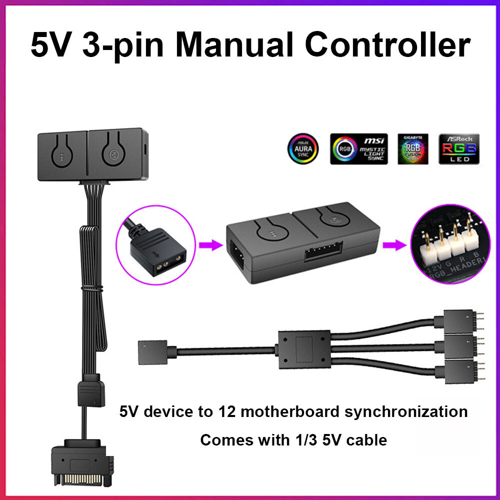 5V ARGB To 12V RGB Converter with 3-Way Splitter Sync with Motherboard Portable