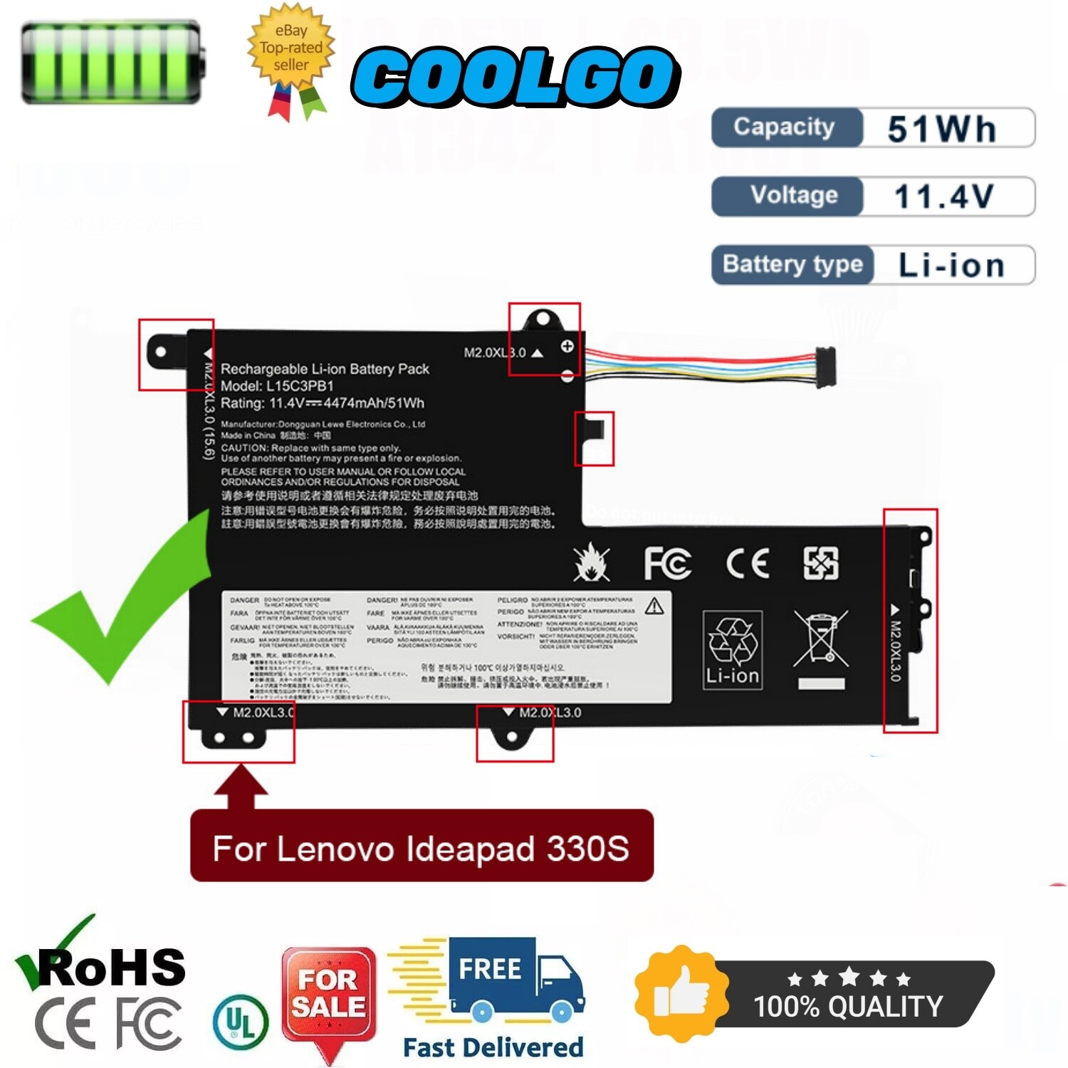 L15C3PB1 Battery For Lenovo Ideapad 330S-14IKB 330S-14AST 330S-15IKB 330S-15IKB
