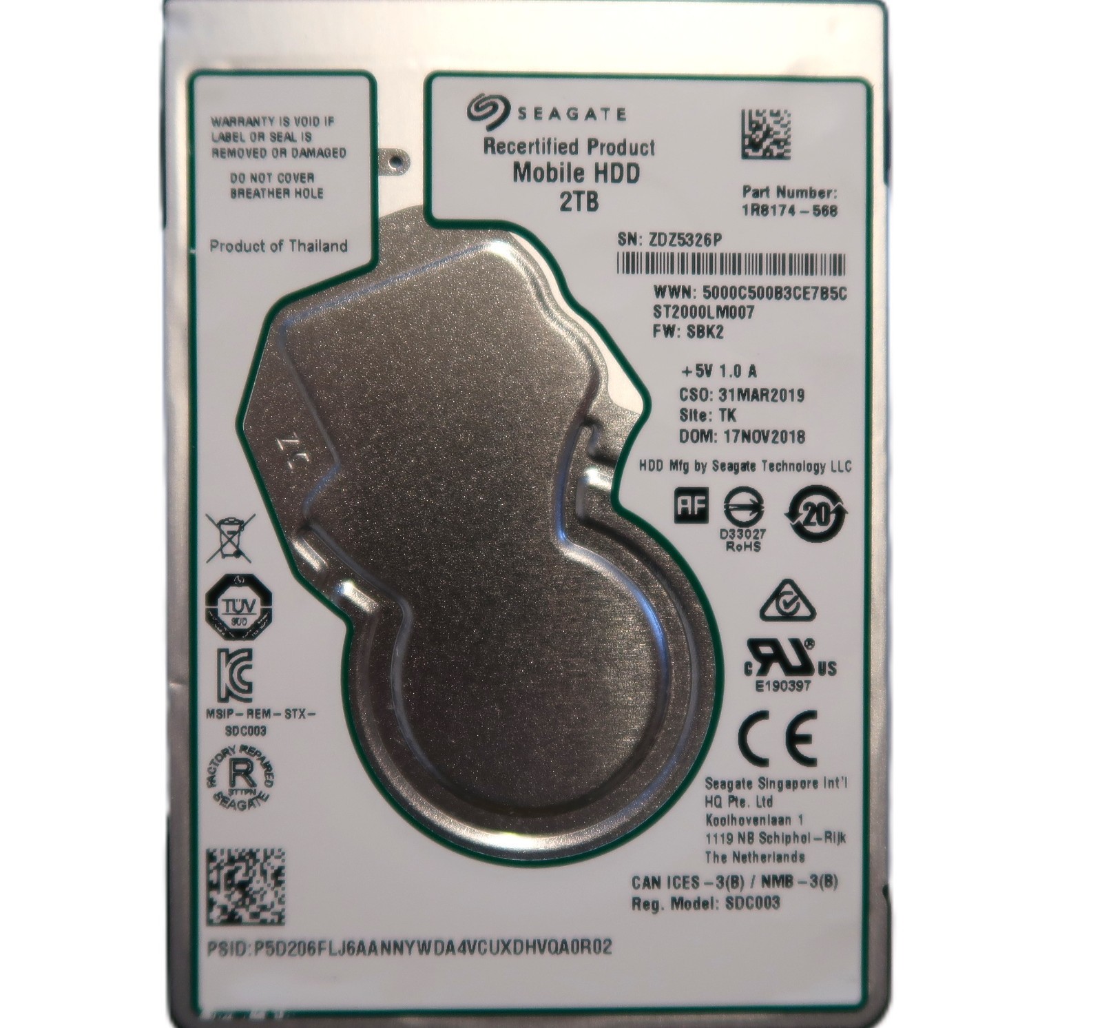 Seagate ST2000LM007 1R8174-568 SBK2 (ZDZ) TK Thailand 2.5" 2TB Sata HDD NOV/2018