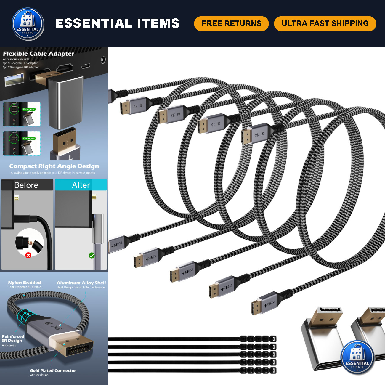High-Speed 8K DisplayPort 1.4 Cable 10FT, 32.4Gbps, HBR3, HDR, Gaming Monitor +