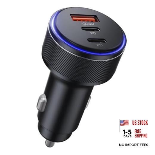 USB-C Car Charger, 3-Port 90W Fast Car Charger, Dual USB-C & USB-A Car Power 1