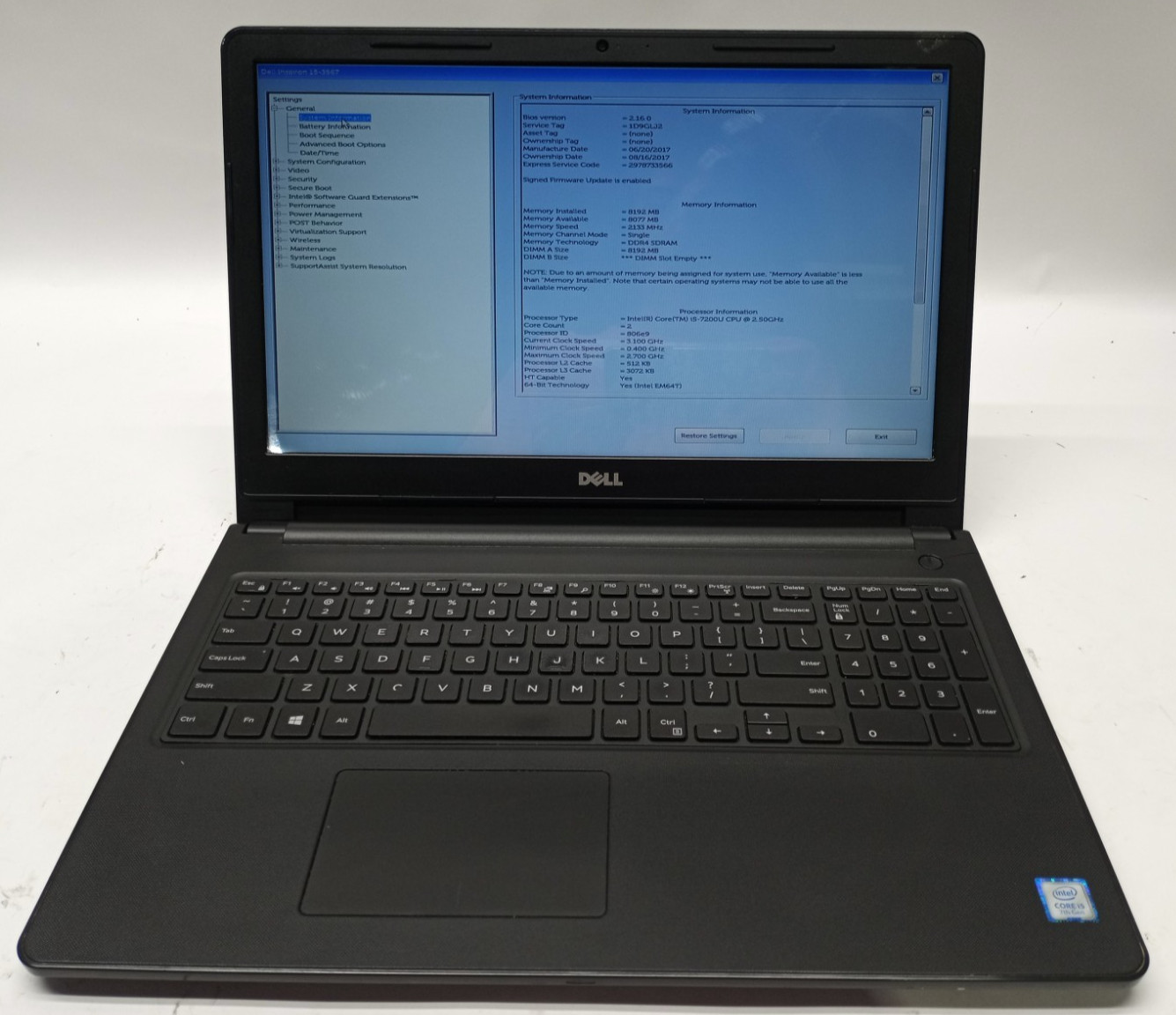Dell Inspiron 15-3567 14"HD Core i5-7200U@2.50GHz 8GB RAM No HDD No OS SD107*