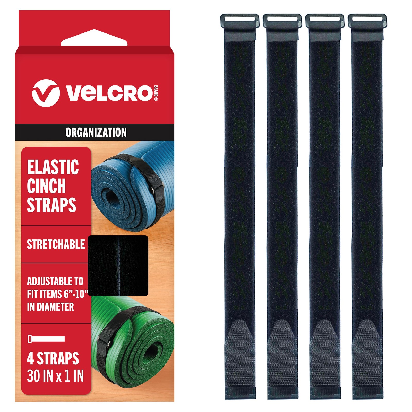 VELCRO Brand 30 Inch Elastic Straps 4 Pack | Stretchable and Adjustable for Snug