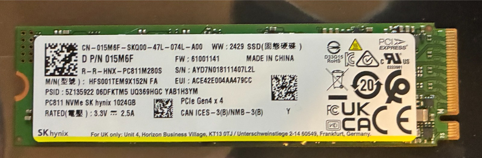 SK Hynix PCIe Gen4 NVMe SSD 1024GB  Also Dell 015M6F 97% Life