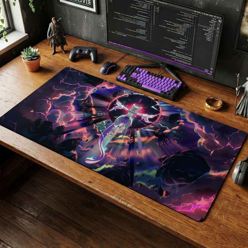 Mewtwo Mouse Pad | Psychic Storm Desk Mat, Legendary Pokemon Watercolor Art Mat
