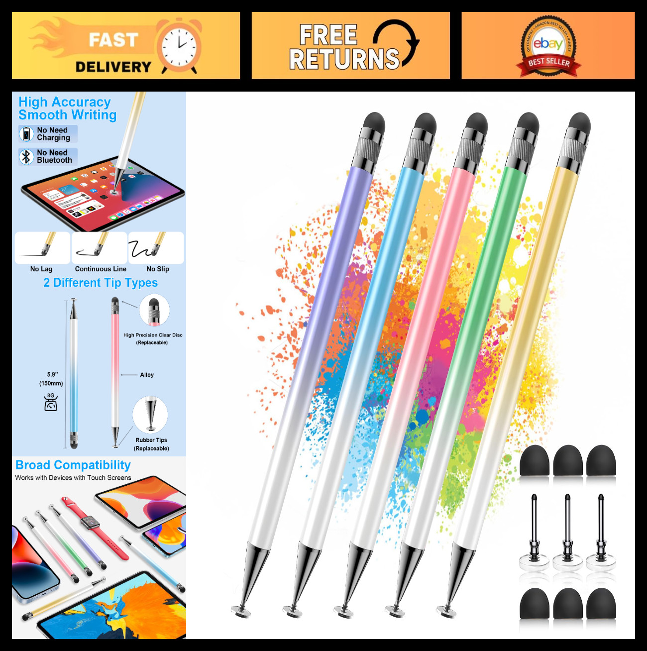 5 Pcs 2-in-1 Touchscreen Stylus Pens, Dual Tip for Tablets & Smartphones