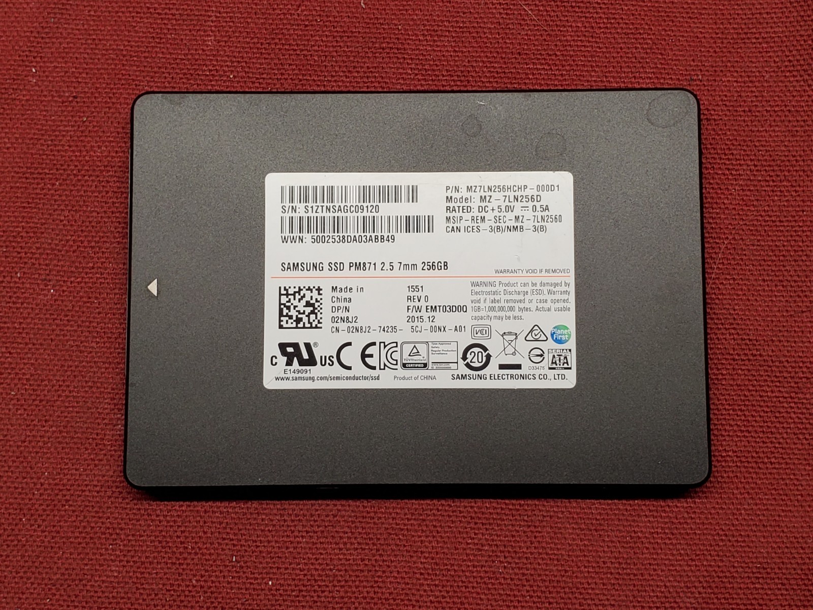 Samsung PM871 256GB 2.5" SATA SSD MZ-7LN256D #3314